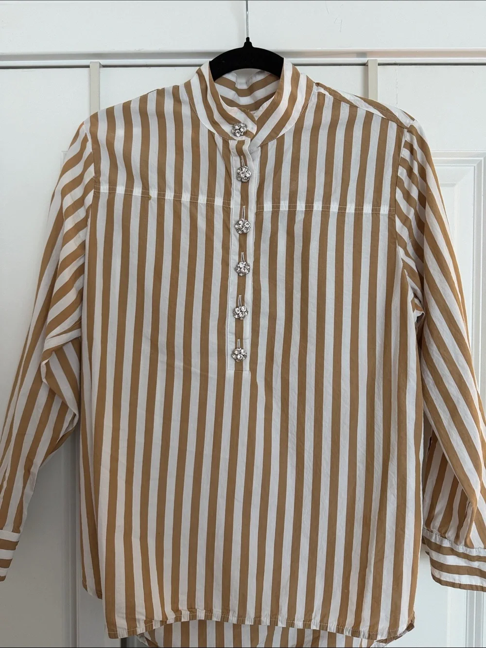 J. Crew White and Tan Striped Mandarin Collar Blouse